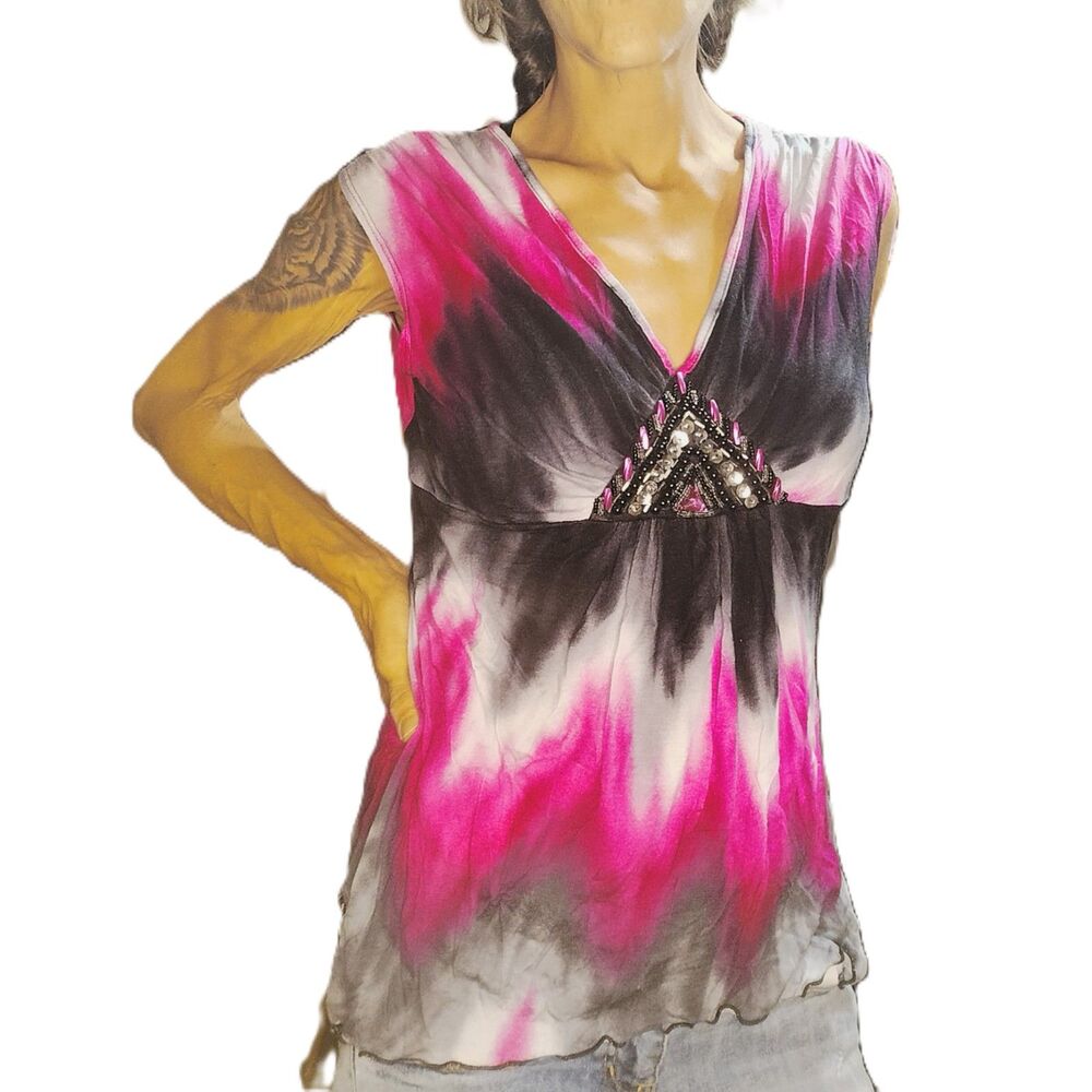 Venus Black Pink Jewel Beaded Baby Doll Top ~ Large ~ Flowy & Bright